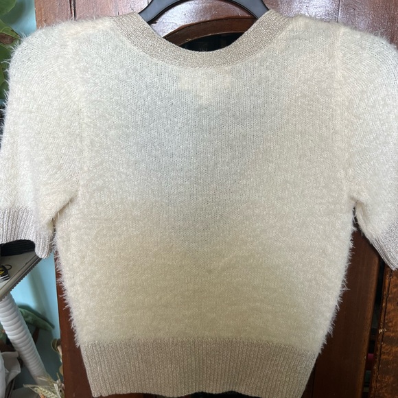 Decree JUNIORS Fuzzy Eyelash Cardigan Sweater - Petite Fit -Cream, Gold Metallic - Picture 5 of 6